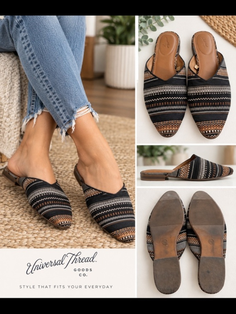 Universal Thread Black Brown Woven Striped Mule Flats Size 9.5